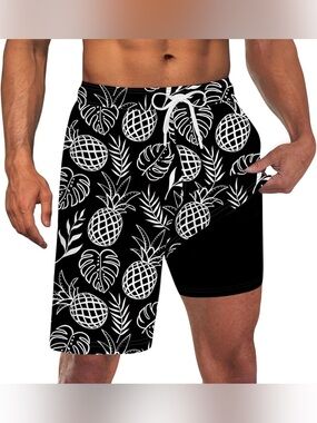 NWT Men's Swim Trunks CompressionLiner 9" Board Shorts Size Large  Black/White
